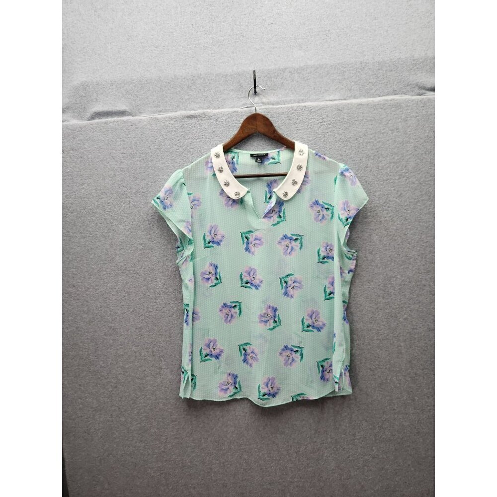 I ♥ Ronson Womens XL Mint Floral Print Blouse With Embellished Collar Cap Sleeve